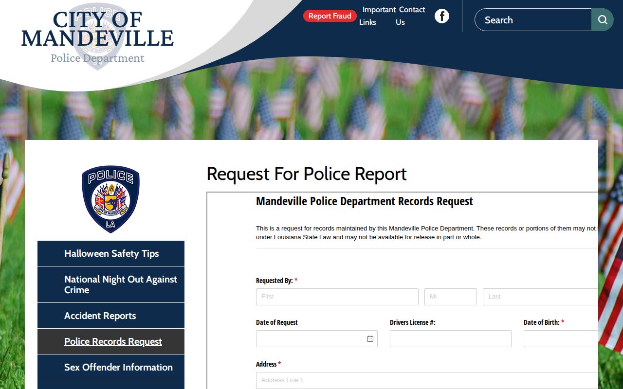 Official Mandeville Police report request page