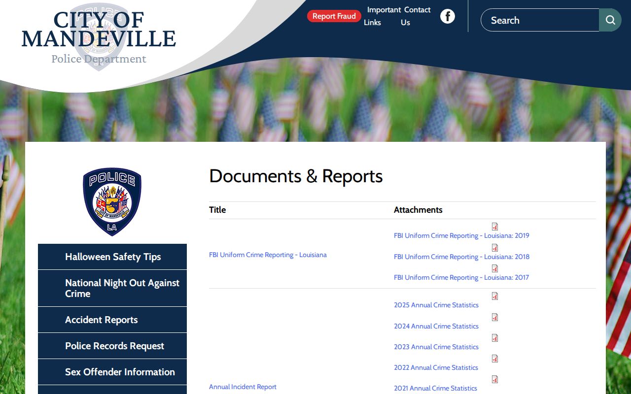 Mandeville Police Documents and Reports page with annual statistics links