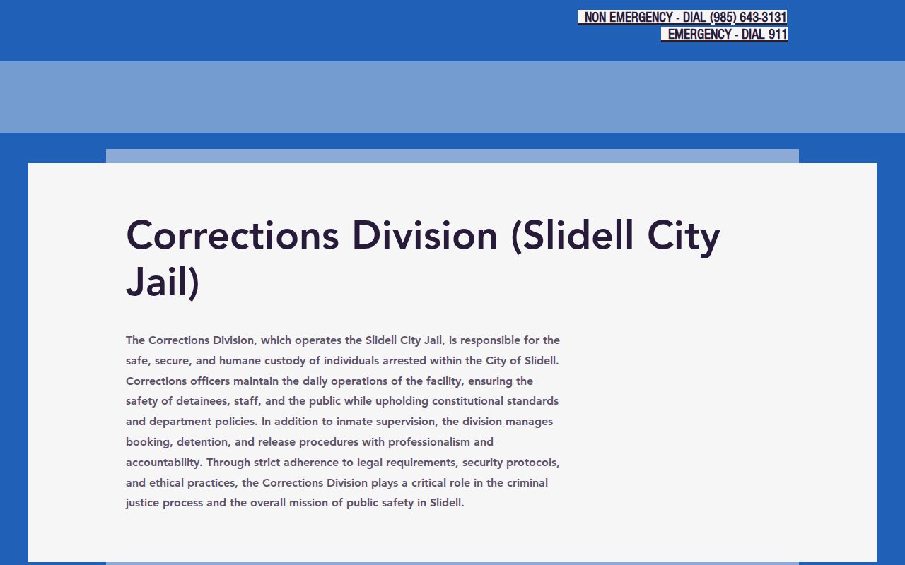 Slidell Police Department corrections page describing the city jail