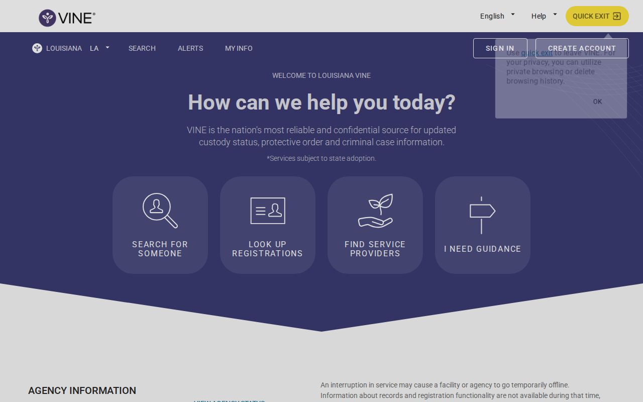 Louisiana VINELink search screen for St. Tammany Parish custody records