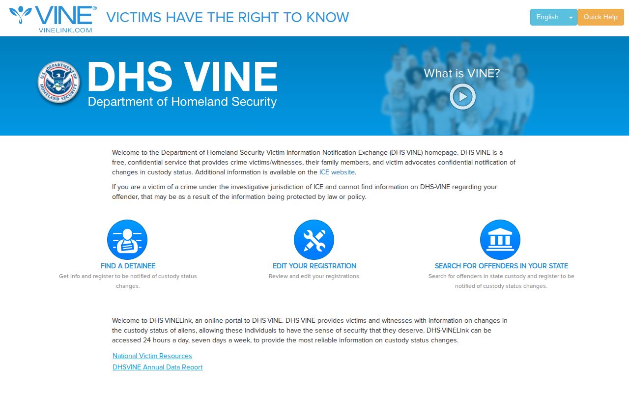 DHS VINELink separate federal custody alert interface